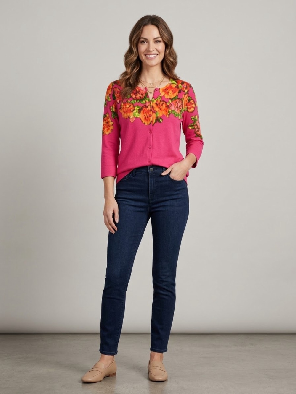Isaac Mizrahi Live Floral Yoke Cardigan Sweater Pink Medium